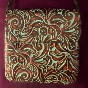 Patricia Nash leather tooled crossbody bag; aqua and brown